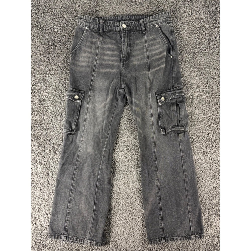 Ditch LA Mens Washed Black Cargo Jeans 32x30 Straight Leg Zipper Ankle Vents